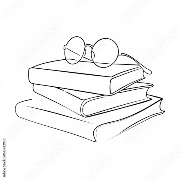 Fototapeta Simple line art stack of books with eyeglasses depicting literature education and reading