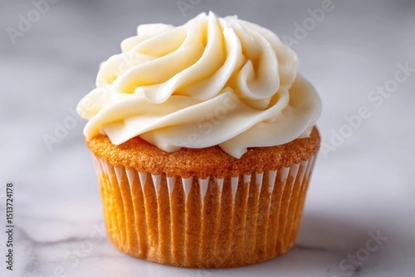 Fototapeta Close-up of a vanilla cupcake with swirled frosting.