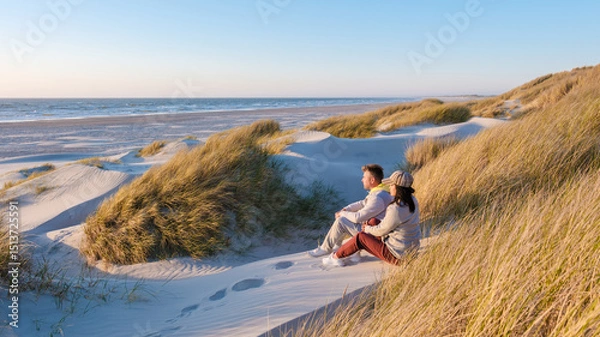 Fototapeta Two people sit together on the soft dunes, surrounded by tall grass, gazing at the calm waves of the North Sea during golden hour in Blokhus Strand,Denmark