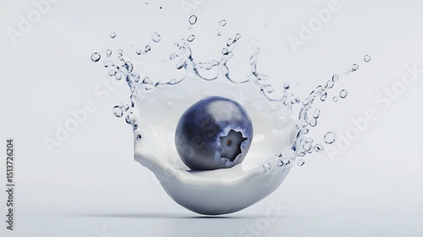 Fototapeta A plump blueberry is frozen in time as it splashes into a pool of creamy liquid, sending droplets flying. Simple white backdrop highlights the juicy freshness.