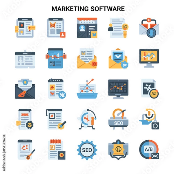 Fototapeta Marketing Software Icon Set: Comprehensive collection of vector icons representing various marketing software functions, tools and features.