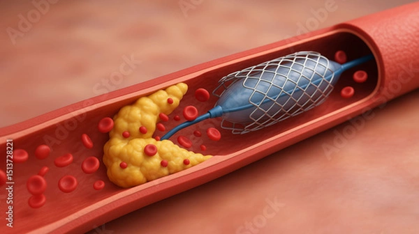 Fototapeta unblocking  cardiovascular patient Stent implantation for supporting blood circulation in blocked vessel artery with insertion for improved flow