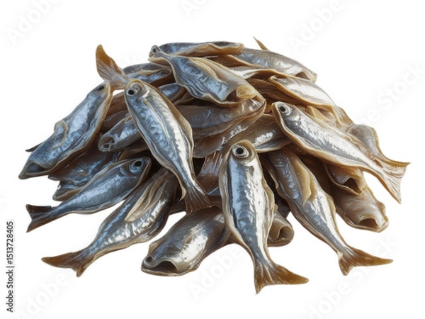 Fototapeta A close-up shot of a pile of dried fish, showcasing their silvery scales and detailed textures isolated on transparent background, cut out, png, seafood, or market-related projects. 