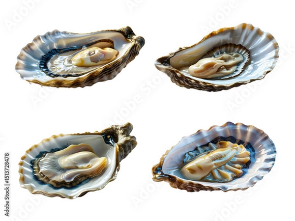 Fototapeta An overhead shot presents four succulent oysters isolated on transparent background, cut out, png, their delicate shells showcasing the fresh, briny delicacies within