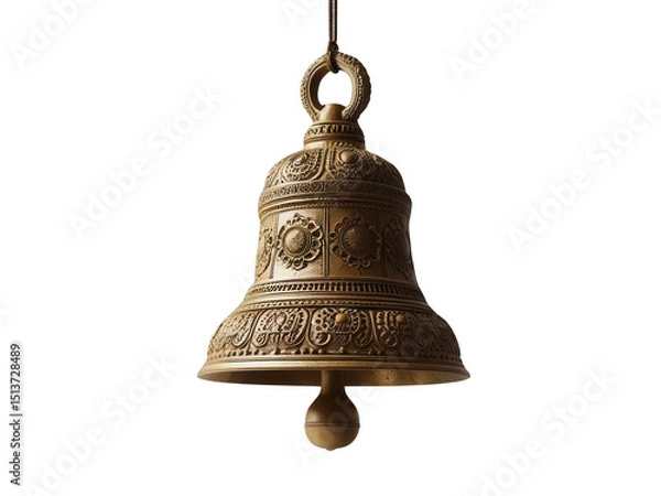 Fototapeta Golden chime: A detailed close-up of an antique golden bell isolated on transparent background, cut out, png, perfect for religious, or ornamental depictions.