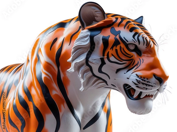 Fototapeta 3D Majestic tiger with intense gaze, orange and black stripes isolated on transparent background, cut out, png, powerful predator, wild cat, close-up view.