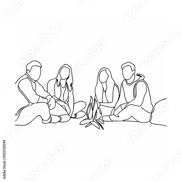 Fototapeta Friends sitting around a campfire enjoying each other's company in a minimalist line art style