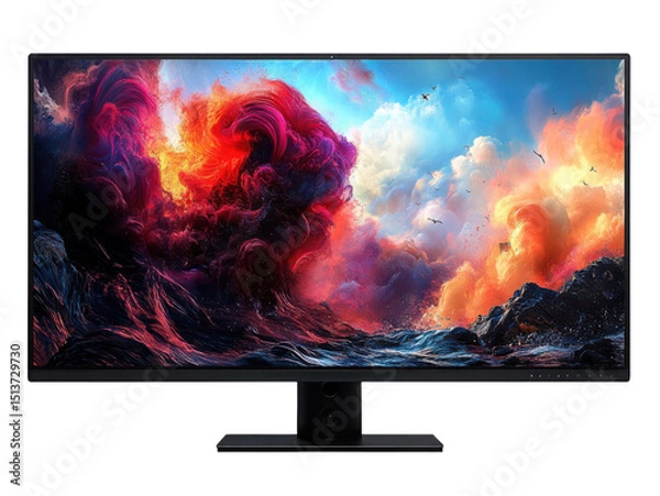 Fototapeta A computer monitor displays a colorful, abstract scene of a stormy ocean