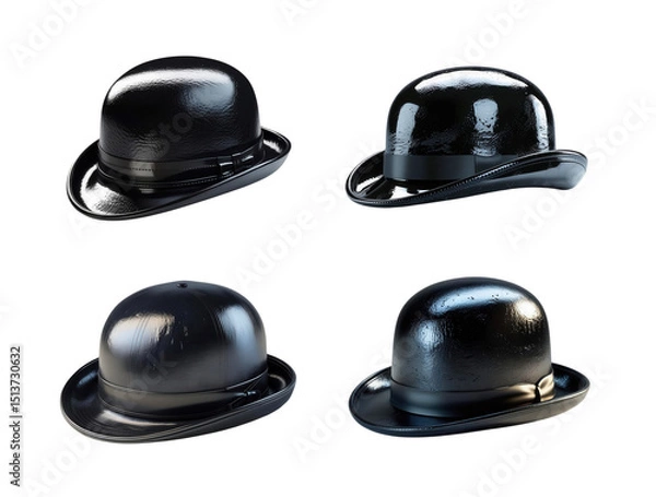 Fototapeta Four identical black bowler hats rest, showcasing classic British elegance and timeless style isolated on transparent background, cut out, png