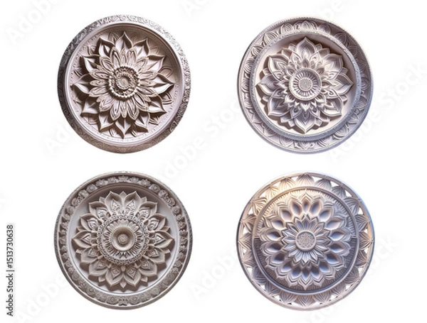 Fototapeta A quartet of meticulously crafted, circular ceiling medallions showcase intricate floral designs and architectural detailing, isolated on transparent background, cut out, png