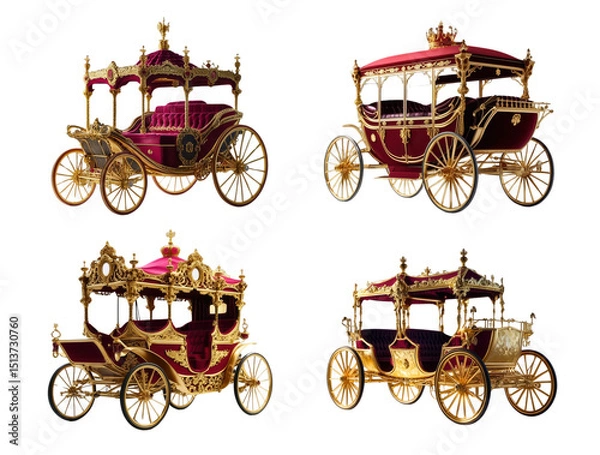 Fototapeta Royal Carriage Collection: A regal ensemble of ornate horse-drawn carriages, resplendent with gilded details and rich crimson upholstery, isolated on transparent background, cut out, png
