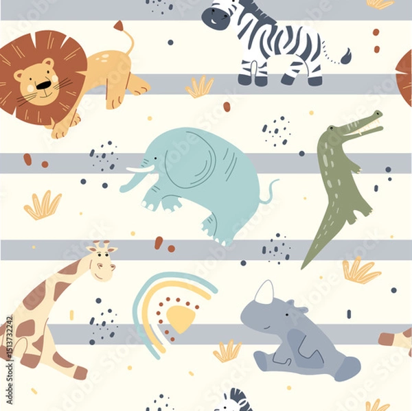 Fototapeta Colorful safari animals come to life in this textile pattern ideal for kids. Featuring lions, elephants, zebras, and more, it adds a vibrant touch to any child's room or clothing.