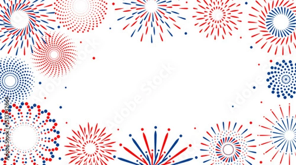 Obraz Firework vector icons set isolated on transparent background with copy space. Celebrate 4th of July banner. Red, blue, white usa flag color firework border, firecracker frame.