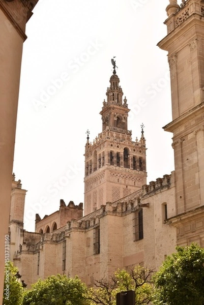 Fototapeta La Giralda, the bell tower of Seville Cathedral in Spain. Architectural landmark combining Moorish and Renaissance styles.