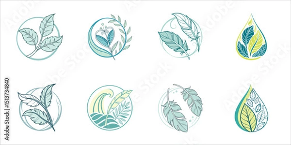 Fototapeta Set of Eco-Friendly Designs with Leaf Symbols and Unique Circular Icons for Your Brand