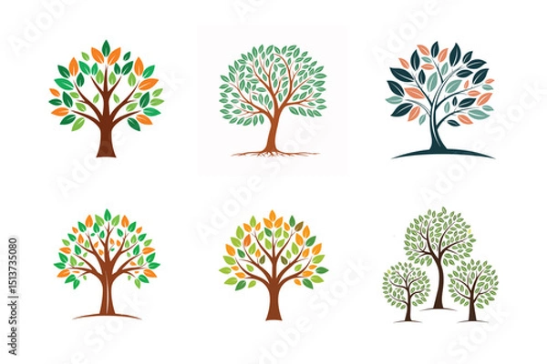 Fototapeta Set of Leafy Trees and Botanical Art, Eco-Friendly Symbols for Corporate Branding