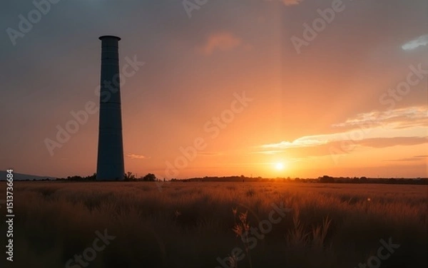 Fototapeta Tall Dark Tower at Sunset Over a Field of Grass. High quality