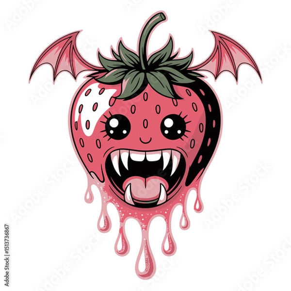 Fototapeta A whimsical strawberry character features bat wings, fangs, and an expressive face, blending elements of cuteness and horror.