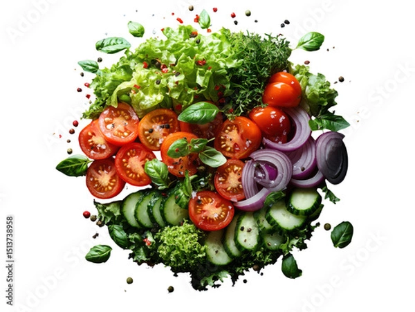 Fototapeta A salad with a variety of vegetables including tomatoes, cucumbers, and onions