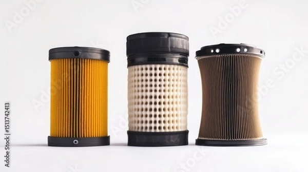 Fototapeta Isolated car filters (air, fuel, oil) for vehicle servicing and maintenance use, on white background. 