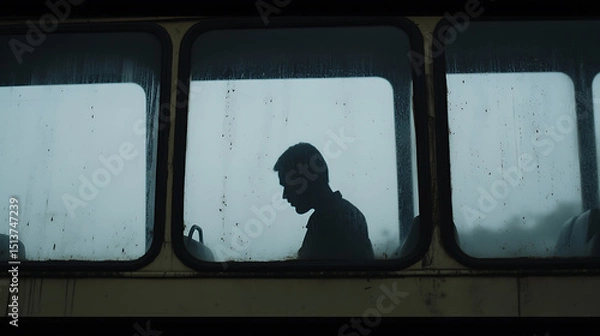 Fototapeta A silhouette of a person is cast through rain-streaked windows, creating a somber, introspective atmosphere. Gloomy weather outside enhances the mood.