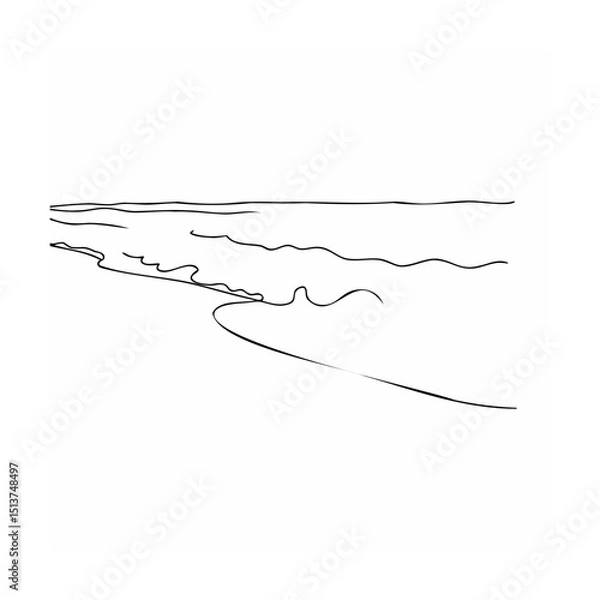Fototapeta Minimalist black line drawing of ocean beach shore and wavy water abstract landscape
