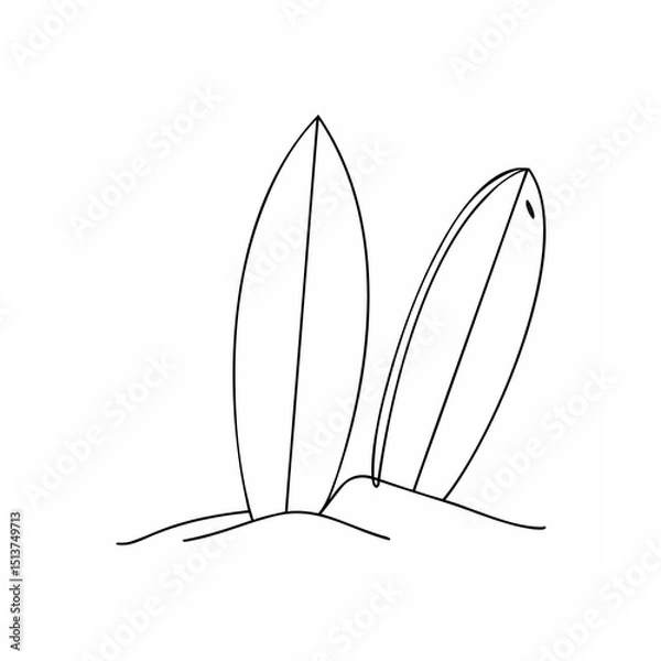 Fototapeta Minimalist line art depicting two surfboards leaning on sand dunes in a beach scene