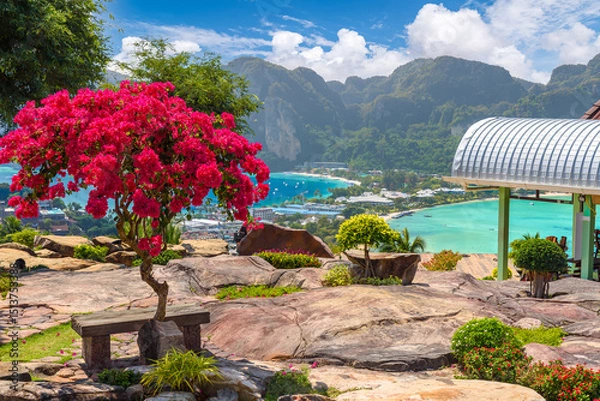 Fototapeta Beautiful summer scene with mountains and turquoise sea water in Tonsai village, Phi Phi, Thailand