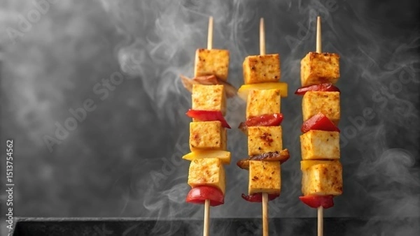 Fototapeta Delicious grilled tofu skewers with bell peppers and onions freshly prepared on a smokey grill