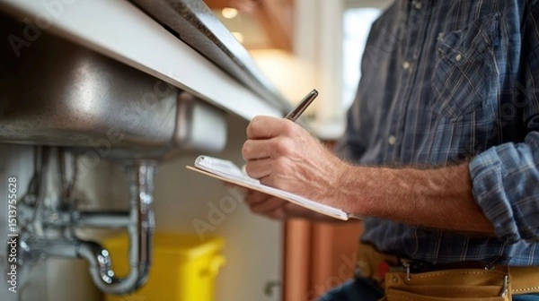 Fototapeta Plumber is taking notes while inspecting kitchen sink area, showcasing attention to detail and professionalism plumbing work. setting is bright and organized, reflecting well maintained kitchen