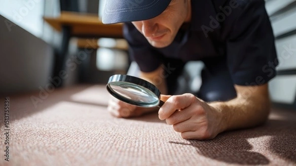 Fototapeta Technician inspecting carpet for stains using magnifying glass, demonstrating attention to detail and thoroughness in cleaning. environment is well lit, showcasing carpet texture and color