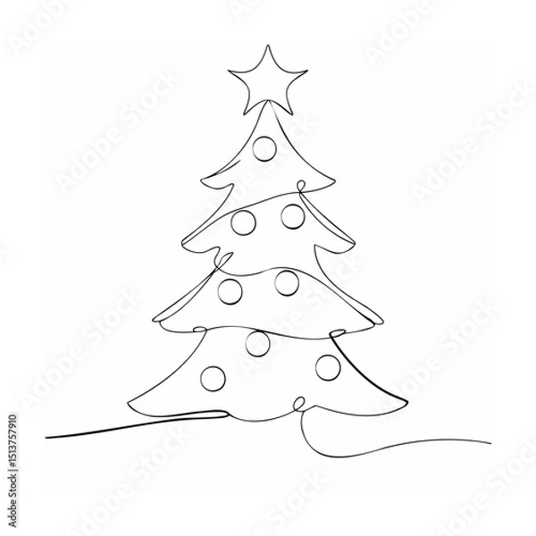 Fototapeta Simple elegant christmas tree line art drawing with star decoration and ornaments
