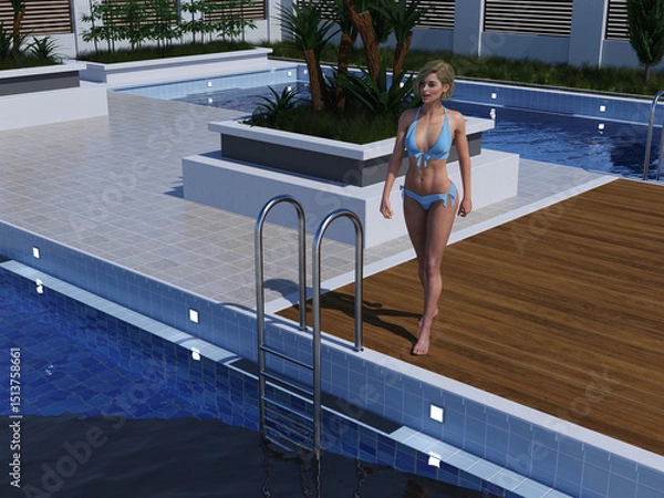 Obraz Illustration of a beautiful woman walking near a swimming pool in the morning light.