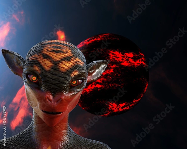 Obraz 3d illustration of an alien with pointed ears and red eyes looking forward against a fiery planet and nebula background.