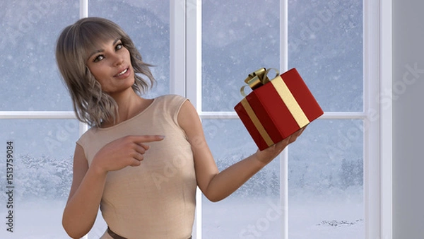 Obraz 3d illustration of a woman wearing a beige dress pointing at a Christmas gift while smiling as snow falls outside.