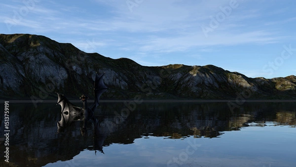 Obraz Illustration of a dragon in a lake with wings up and mouth open.