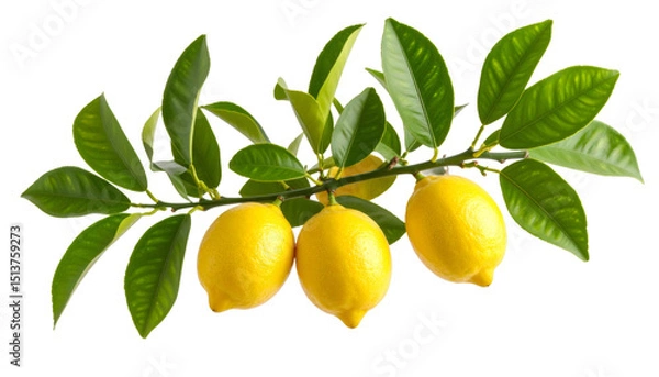 Fototapeta Ripe yellow lemons hanging from a lemon tree branch with glossy green leaves, isolated on transparent background