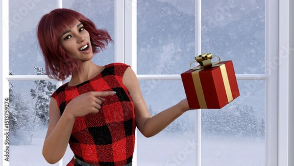 Obraz 3d illustration of a woman pointing at a Christmas gift while smiling while snow is falling on a countryside outside.