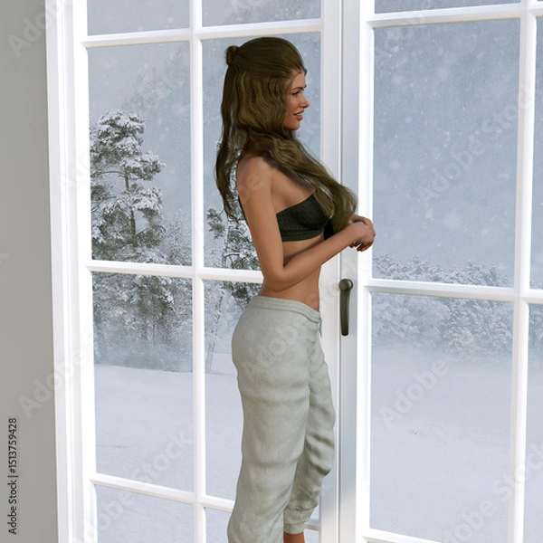 Obraz 3d illustration of a smiling beautiful woman with dark hair wearing comfortable clothes looking out of a window at a winter snow scene.