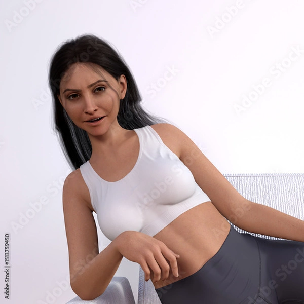 Obraz 3d illustration of a woman leaning on the arm of a couch smiling in a cheerful mood.