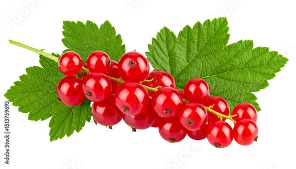 Fototapeta Redcurrant twig with ripe berries and lobed leaves isolated on transparent background, ideal for healthy eating and natural food themes