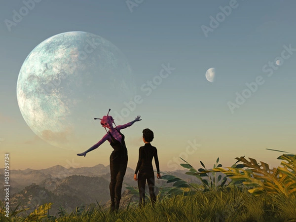 Obraz 3d illustration of a female alien standing next to a human with arms out playfully on an extraterrestrial with a large planet and moons in the sky.