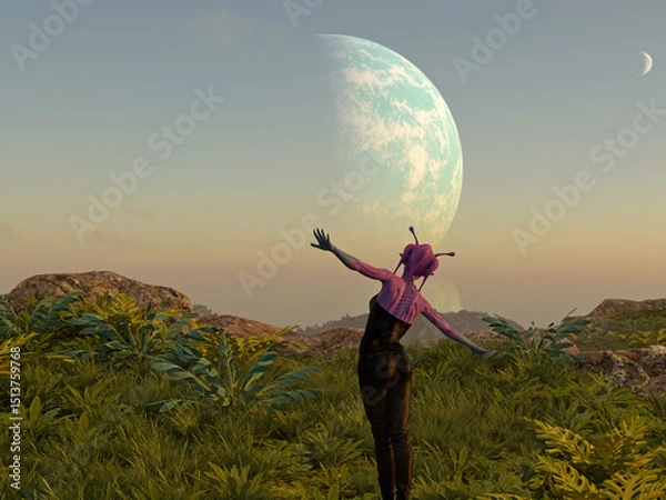 Obraz 3d illustration of a female alien with tendrils with arms out looking at an extraterrestrial planet in the sky at sunset.