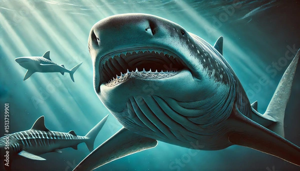 Obraz A close-up, highly detailed image of a basking shark swimming gracefully underwater