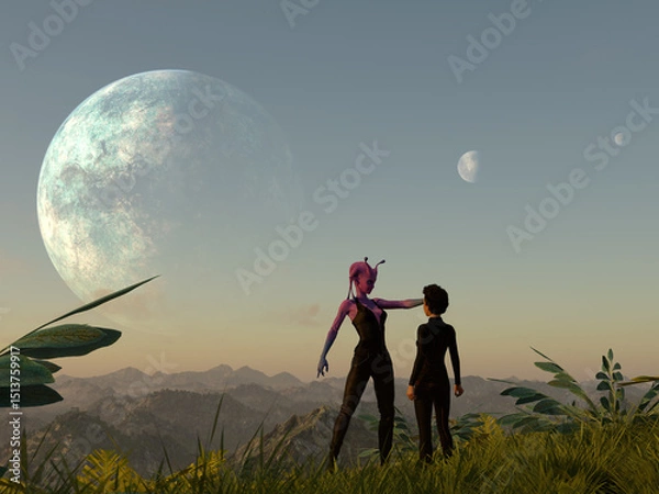 Obraz 3d illustration of a female alien giving directions to a woman on an extraterrestrial with a large planet and moons in the sky.