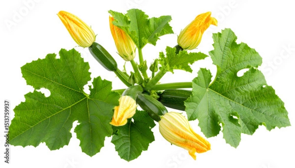 Fototapeta Fresh zucchini branch with small fruit, lobed leaves and yellow flowers, isolated on white background with transparency