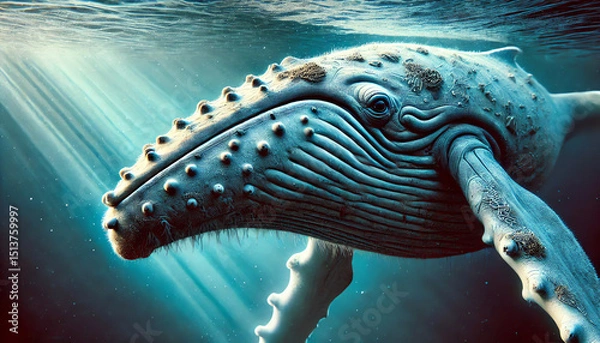 Obraz A close-up, highly detailed image of a majestic humpback whale swimming gracefully underwater