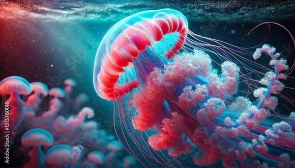 Obraz A close-up, highly detailed image of a vibrant jellyfish drifting gracefully underwater