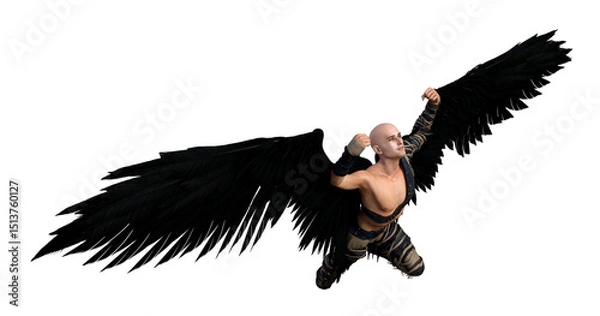 Obraz Illustration of a flying male angel with spread wings and clenched fists looking upward isolated on a white background.
