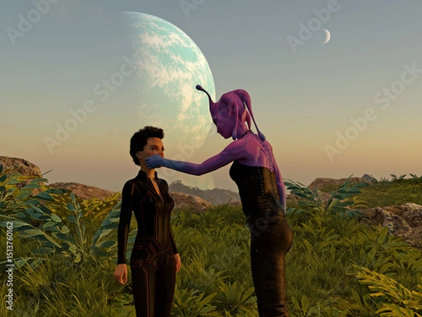 Obraz 3d illustration of a female alien leaning forward and touching the cheek of a short human on an extraterrestrial world at sunset.